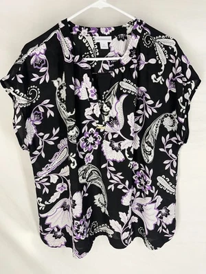 LIZ CLAIBORNE Blouse Size XL Black Sheer Floral Top V-Neck Career Flirty NEW - Image 1 of 4