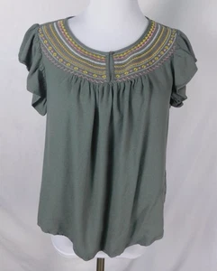 Spense Embroidered Boho Top M Sage Green Flutter Sleeve Blouse - Picture 1 of 10