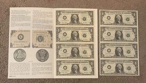 2 Uncut Sheets of 4 2001 $1 Federal Reserve Notes One Dollar Bills US Mint - Picture 1 of 6