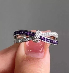 2Ct Round Cut Lab Created Amethyst Fancy Anniversary Ring 14K White Gold Plated - Picture 1 of 4