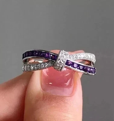 2Ct Round Cut Lab Created Amethyst Fancy Anniversary Ring 14K White Gold Plated - Image 1 of 4