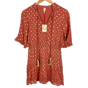 NWT Anthropologie Raga Kenna Polka Dot Tiered Mini Dress Dusty Pink Metallic S - Picture 1 of 9