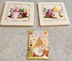 Set of 2 Ceramic Gnome Coasters & 1 “Gnome Worry Bee Happy” Magnet – Spring Gard - Picture 1 of 9