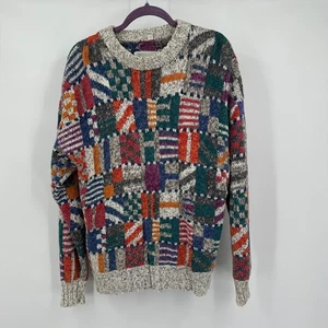 Vintage Mens Patchwork Grandpa Sweater Size L Colorful Geometric Retro Eclectic - Picture 1 of 9