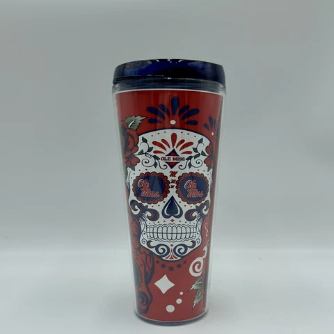Tritan tumbler Ole Miss Rebels Plastic Sugar Skull Print Red With Blue Lid Cover