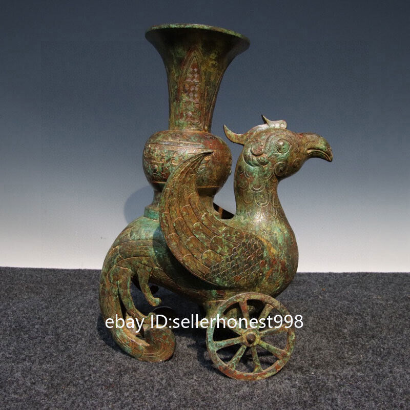 EU765 時代金工【龍珉 作】青銅 鳳凰 菊桐唐草 花瓶 高20.7cm 重