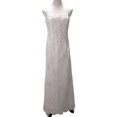 Mori Lee White Column Wedding Dress Size 12 Beaded Lace Overlay Spaghetti Strap - Image 1 of 4