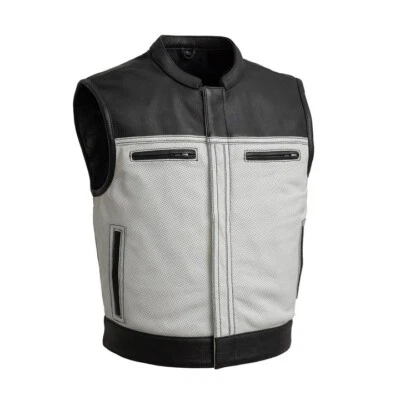 SOA's Men Motorcycle Two Tone Lowrider Perforated Men's Leather Vest Back White - Image 1 of 4