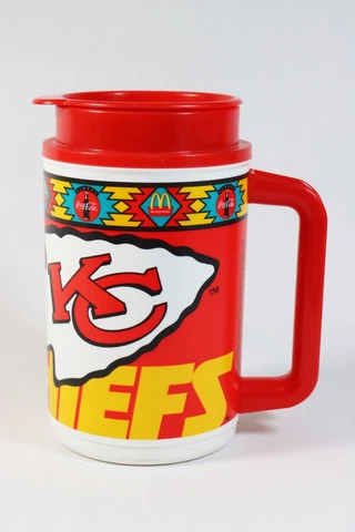 Vintage 1996 Kansas City Chiefs McDonalds Coca-Cola Thermo Travel Mug Cup NEW Cover