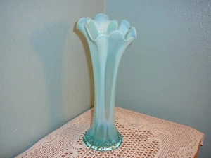 FENTON LIGHT BLUE OPALESCENT ART GLASS VASE FINE RIBS EXCELLENT 11" - Picture 1 of 11
