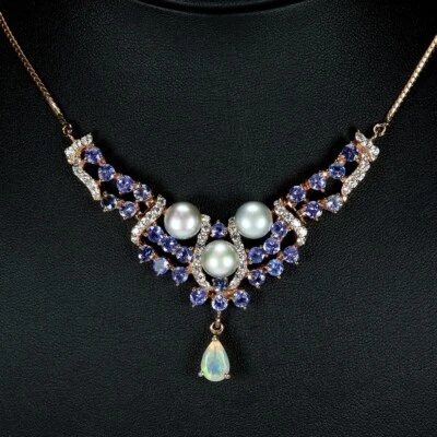 COLLAR DE PLATA ESTERLINA 925 GRIS NATURAL PERA, ÓPALO, TANZANITA Y CIRCONITA 18,25" Foto 1 de 4