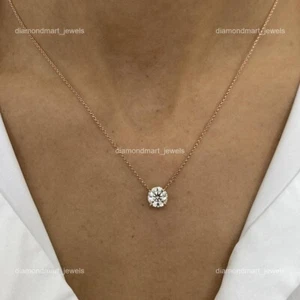 14K Solid Rose Gold Brilliant Cut Lab Grown Diamond Chain Prong Necklace Jewelry - Picture 1 of 12
