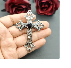 3" GROSSES KREUZ JESUS GLAUBE schwarz CZ Charm 925 Sterlingsilber 26" KETTE Damen Herren - Bild 1 von 5