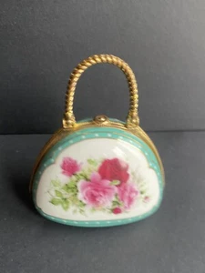 Vtg Trinket Box Purse My Treasure Porcelain 22k Gold Trim Pink Cabbage Roses - Bild 1 von 7
