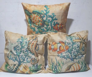 Cushion Covers 45 x 45cm Set of 3 Linen Clownfish Turtle Seahorse Bright NEW - Picture 1 of 5
