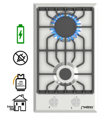 PHÖNIX GERMANY Domino-BSL Gaskochfeld Einbau Kochfeld Edelstahl Gaskocher 2 flammig Propan/Erdg