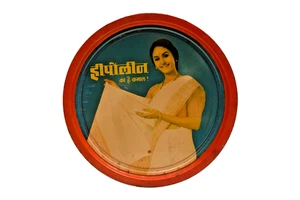 Vintage Hepolin Werbung Blech Tablett Indianer Dame Sari Hindi Text Retro Kunst 11" - Bild 1 von 5