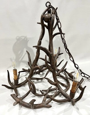 Deer Antler Chandelier Metal Rustic Ceiling Chain 17.5 lbs 19.5"H 22"W Rare Lamp - Image 1 of 4