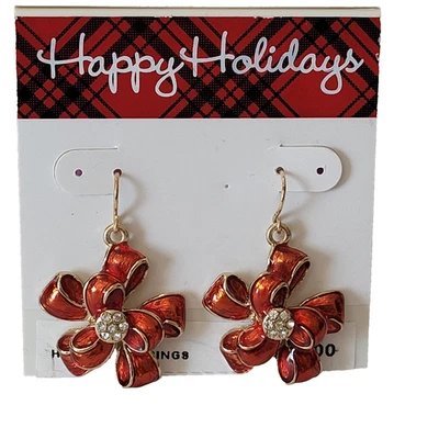 Holiday Christmas Dangle Red Bow with Center Rhinestones Hook Earrings - Image 1 of 4