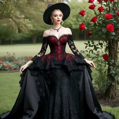 Vintage Gothic Wedding Dress Strapless Long Sleeves Layered Ruffles Bridal Gowns - Image 1 of 4