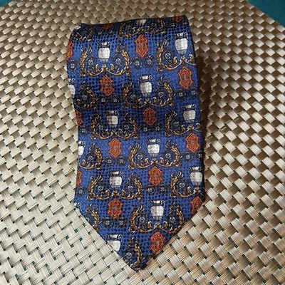 Neiman Marcus A.R. Richel Hecho a Mano Seda Azul Rojo Oro Geométrico Patrón Floral  Foto 1 de 4