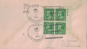 15 May 1940 Naval Cover, USS Cormorant, no cachet, plate block of 4 - Picture 1 of 2