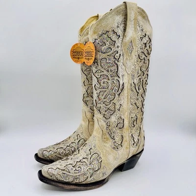 Botas occidentales Corral con incrustaciones de brillo para mujer talla 5 cuero blanco envejecido Foto 1 de 4