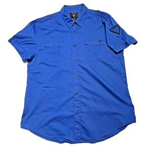 Vintage GUESS Shirt Mens XL Blue Button Up Epaulettes Top Pockets Short Sleeve - Picture 1 of 9