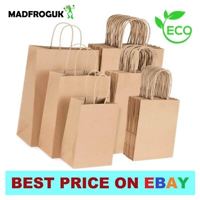 Brown Paper Bags with Handles Lunch Grocery Gift Retail Kraft Small Medium Large - Image 1 of 4