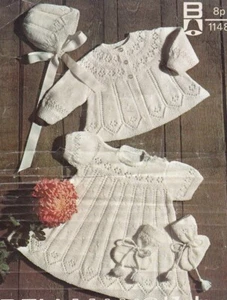 Baby Knitting Pattern copy Matinee Coat Dress bonnet 3 ply - Picture 1 of 2