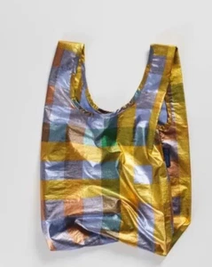 BAGGU Baby Reusable Bag MADRAS METALLIC Check Plaid Purple Gold Tote NWT - Picture 1 of 9