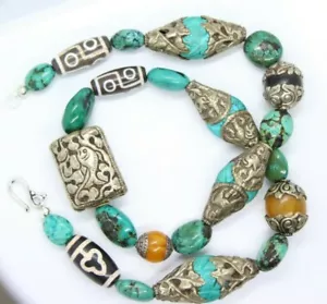 Tibetan Silver & Turquoise Repousse Pendants & Tzi Agate Gemstone Necklace 26" - Picture 1 of 10