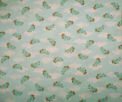 30s Reproduction Fabric 1 Yard Aqua Airplanes White Clouds Premium Cotton Vtg - Image 1 of 2