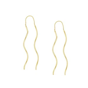 Threader Earrings 14K Yellow Real Gold Long Wave Tube Dangle Drop Earrings Women - Picture 1 of 5
