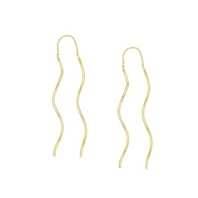 Threader Earrings 14K Yellow Real Gold Long Wave Tube Dangle Drop Earrings Women - Image 1 of 4