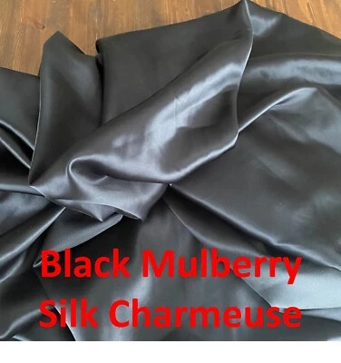 Black Silk Fabric by the Yard, 55” Width, 100% Pure Satin Charmeuse Mulberry, 19 - Image 1 of 4