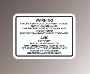 CALCOMANÍA DE SEGURIDAD AÉREA - CERTIFICADO ESPECIAL DE AERONAVEGABILIDAD - FRANCÉS 5" X 7" - Imagen 1 de 1