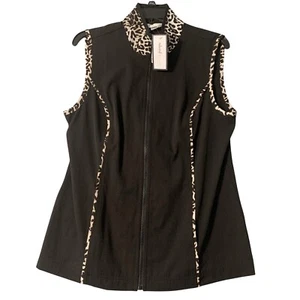 Christopher & Banks Vest Women Medium Black Leopard Trim Lightweight Zip Mom NWT - Picture 1 of 18