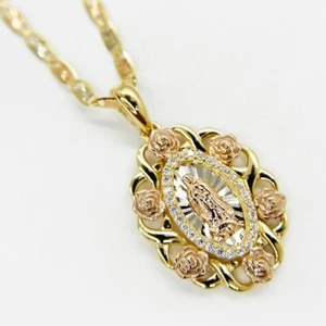 14k Solid Gold Virgin Mary Lady Guadalupe Rose Round Cubic Zirconia Pendant - Picture 1 of 7