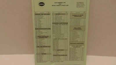 VINTAGE 1987 COX PRODUCTS RETAIL PARTS and PRICE LIST - Image 1 of 3
