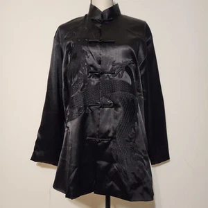 Sheng Tangkuyi Black Dragon Embroidered Satin Tunic Nehru Jacket Top - Picture 1 of 15