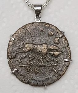 Genuine Ancient Roman Coin She Wolf Twins Rome Foundation Symbol Silver Necklace - Picture 1 of 8