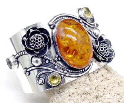 925 Sterling Silver Baltic Amber & Citrine Gemstone Jewelry Cuff Bracelet Sz-ADJ - Imagem 1 de 4
