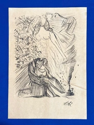 Сальвадор Дали (ручной работы) рисунок на антикварной бумаге подписанный и запечатанный. - Изображение 1 из 2