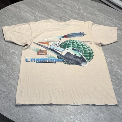 Vintage 80s NASA Space Shuttle Single Stitch Challenger Shirt Large Cream STS-6 - Image 1 of 4