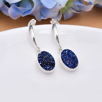 Electric Blue Titanium Agate Drusy Gemstone 925 Sterling Silver Handmade Earring - Image 1 of 4