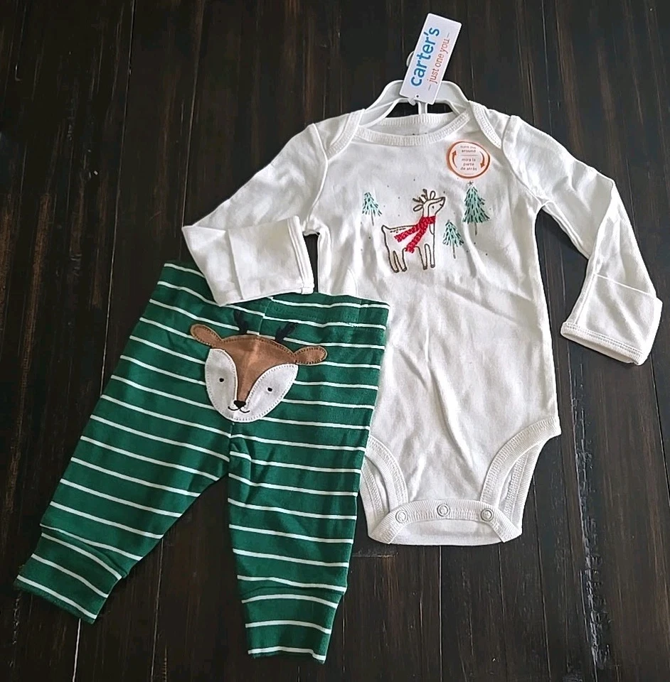 Carter's J.O.Y. Infants Size 3 Months 2pc Christmas Outfit w/ Deer & Trees