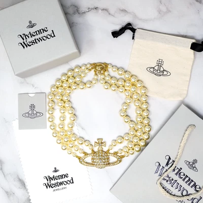 Vivienne Westwood Choker Necklace Pearl Triple Gold Tone Orb Bas Relief Box Set - Image 1 of 4