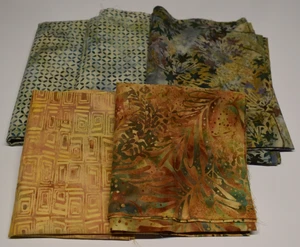 5 PIECE COTTON BATIK FABRIC LOT celery green gold purple blue FLORAL GEOMETRIC - Picture 1 of 9