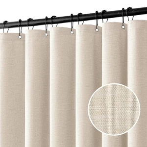 Linen Shower Curtain with 12 Metal Hooks Modern Heavy Duty Washable Beige Fab... - Picture 1 of 6